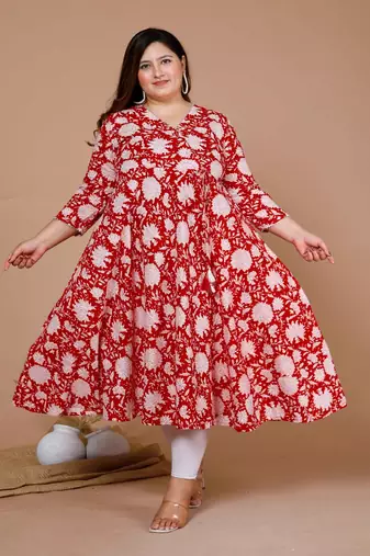Womens Plus Size Cotton Floral Printed Anarkali Kurta