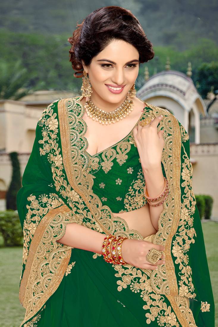 Trendmalls Dark Green  Silk Heavy Embroidery Work Party Wear Saree With Blouse