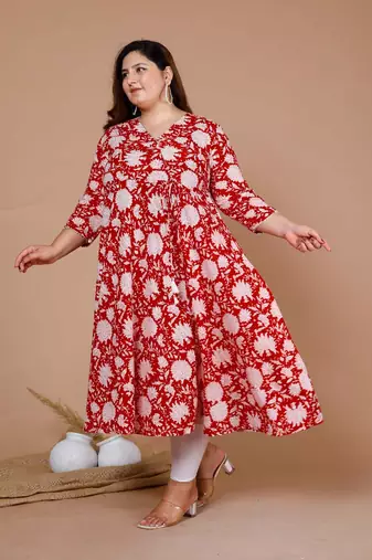 Womens Plus Size Cotton Floral Printed Anarkali Kurta