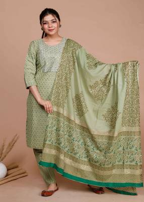 Women Green Ethnic Motifs  Pure Cotton Kurta with Palazzo & Dupatta 1