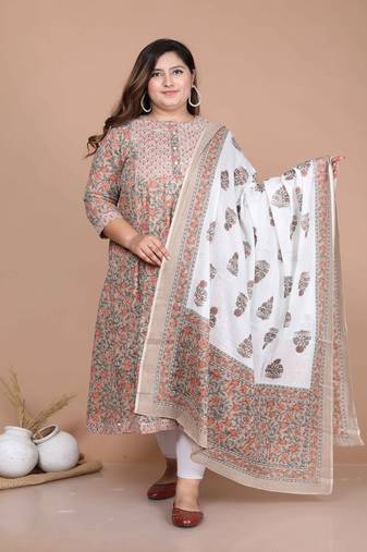 Women's Plus Size Partywear Brown floral Printed Gota work Long anarkali Kurta With dupatta