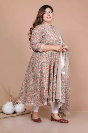 Women's Plus Size Partywear Brown floral Printed Gota work Long anarkali Kurta With dupatta