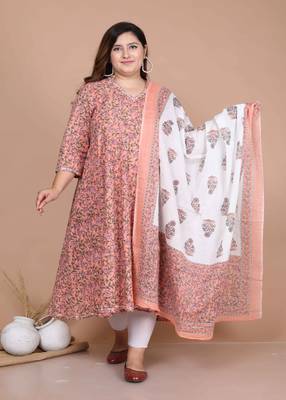 Women's Plus size Surpassing Orange Colored partywear Floral Printed Anarkali Kurta dupatta 1
