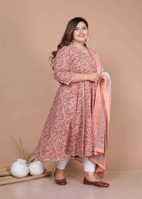 Women's Plus size Surpassing Orange Colored partywear Floral Printed Anarkali Kurta dupatta 2