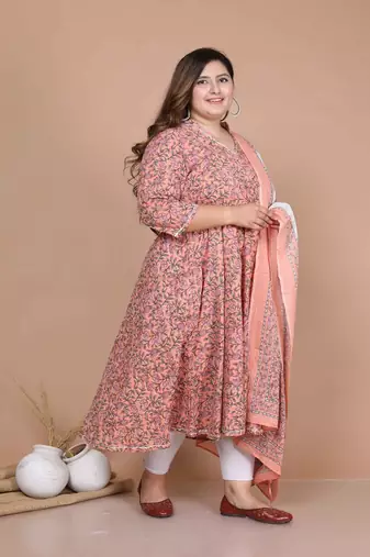Women's Plus size Surpassing Orange Colored partywear Floral Printed Anarkali Kurta dupatta