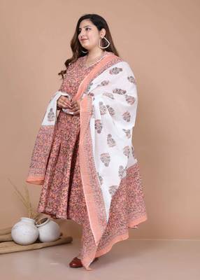 Women's Plus size Surpassing Orange Colored partywear Floral Printed Anarkali Kurta dupatta 3