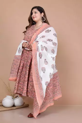Women's Plus size Surpassing Orange Colored partywear Floral Printed Anarkali Kurta dupatta