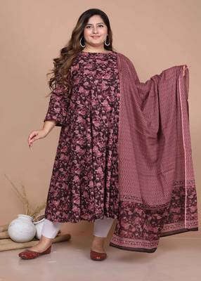  Cotton Floral Printed Plus Size Maroon Anarkali Kurta Set 1