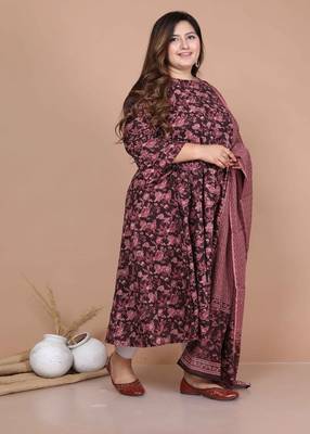  Cotton Floral Printed Plus Size Maroon Anarkali Kurta Set 2