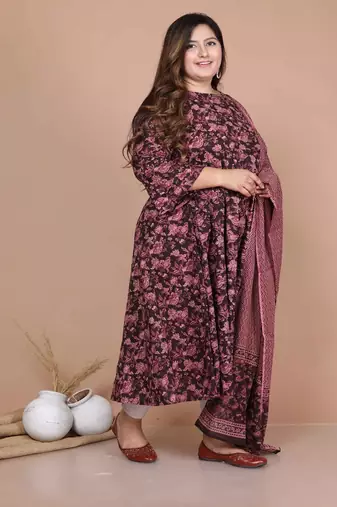  Cotton Floral Printed Plus Size Maroon Anarkali Kurta Set