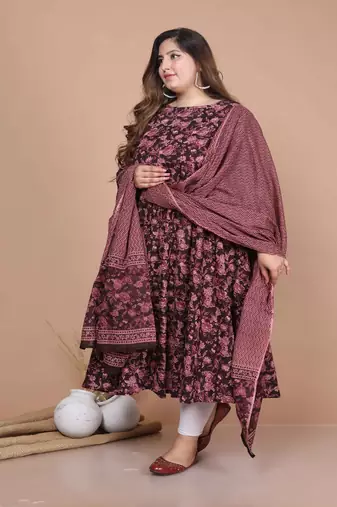  Cotton Floral Printed Plus Size Maroon Anarkali Kurta Set
