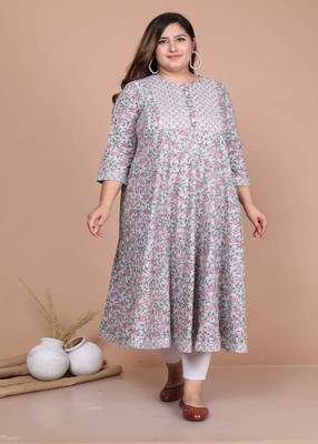 Women Plus Size Blue Ethnic Motifs Gotta Patti Cotton Anarkali Kurta 1