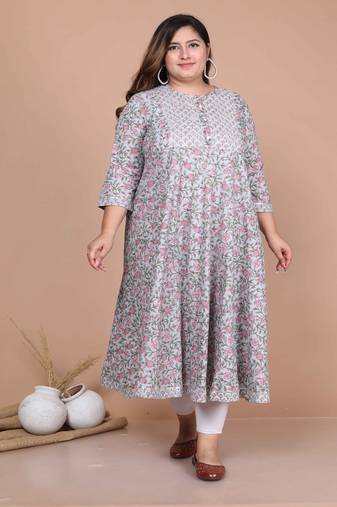 Women Plus Size Blue Ethnic Motifs Gotta Patti Cotton Anarkali Kurta