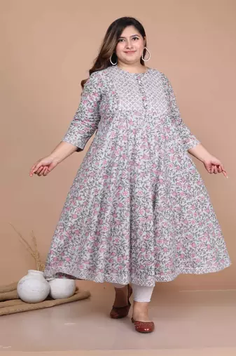 Women Plus Size Blue Ethnic Motifs Gotta Patti Cotton Anarkali Kurta