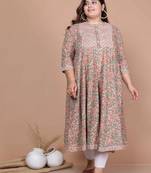 Womens Plus Size Beige & Orange Ethnic Motifs Gota Patti Cotton Anarkali Kurta