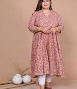 Womens Orange Plus Size Cotton Floral Printed Anarkali Kurta