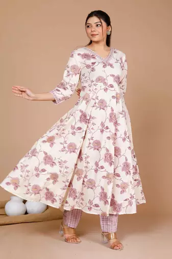 Womens Pink Floral Printed Anarkali Kurta with Palazzo