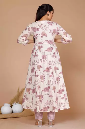 Womens Pink Floral Printed Anarkali Kurta with Palazzo