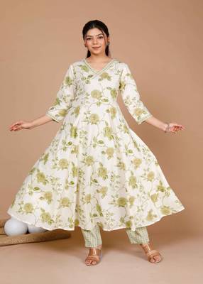 Womens Green Printed Cotton Anarkali Kurta with Palazzo 1