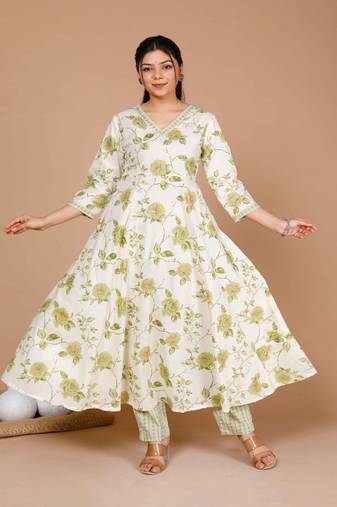 Womens Green Printed Cotton Anarkali Kurta with Palazzo