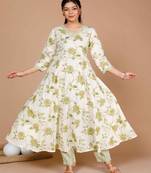 Womens Green Printed Cotton Anarkali Kurta with Palazzo