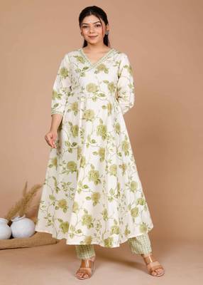 Womens Green Printed Cotton Anarkali Kurta with Palazzo 2