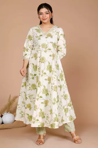 Womens Green Printed Cotton Anarkali Kurta with Palazzo