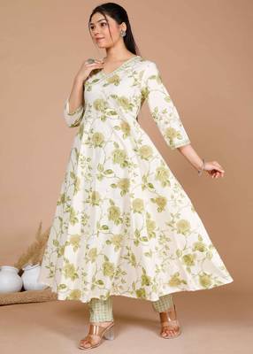 Womens Green Printed Cotton Anarkali Kurta with Palazzo 3