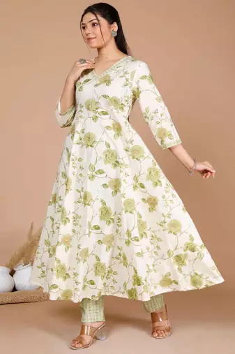 Womens Green Printed Cotton Anarkali Kurta with Palazzo