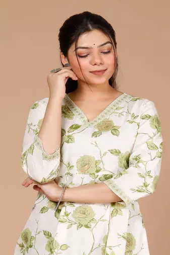 Womens Green Printed Cotton Anarkali Kurta with Palazzo