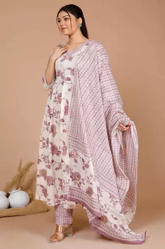 Womens Pink Floral Print Anarkali Kurta With Palazzo & Dupatta set