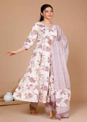 Womens Pink Floral Print Anarkali Kurta With Palazzo & Dupatta set 3