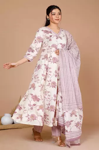 Womens Pink Floral Print Anarkali Kurta With Palazzo & Dupatta set