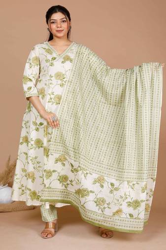 Womens Green Printed Anarkali Kurta With Palazzo And Dupatta