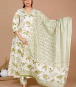 Womens Green Printed Anarkali Kurta With Palazzo And Dupatta