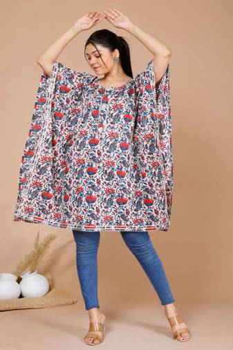  Womens Multicolor Floral Printed Flared Sleeves Gotta Patti Kaftan Kurti