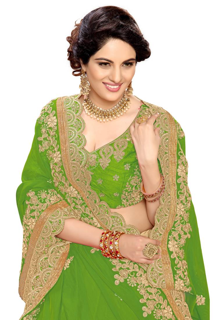 Trendmalls Parrot  Silk Heavy Embroidery Work Party Wear Saree With Blouse