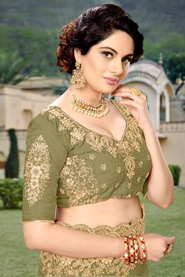 Trendmalls Mehendi  Silk Heavy Embroidery Work Party Wear Saree With Blouse 6
