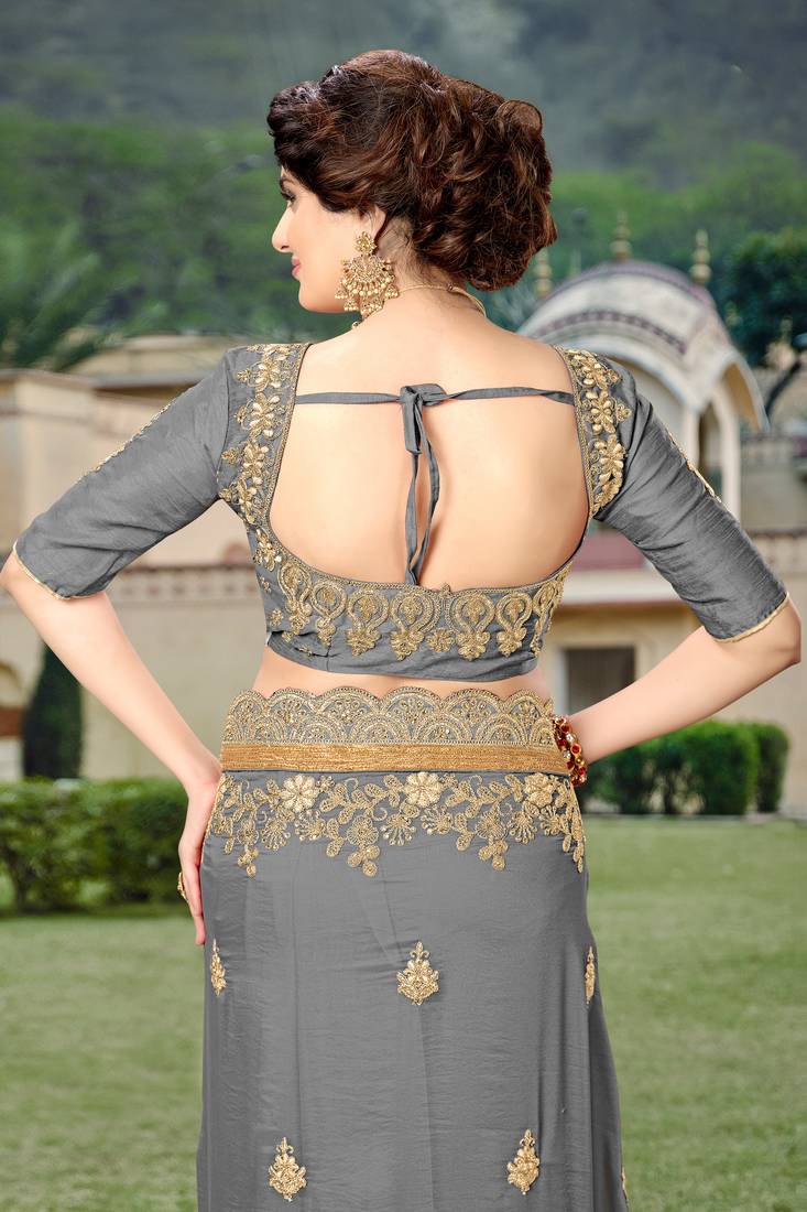 Trendmalls Grey  Silk Heavy Embroidery Work Party Wear Saree With Blouse