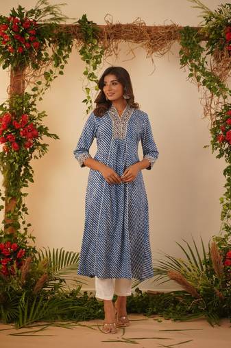 BLUE LEHERIYA EMBROIDERY A-LINE KURTA WITH PANT