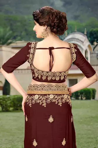 Trendmalls Brown Silk Heavy Embroidery Work Bollywood Saree With Blouse