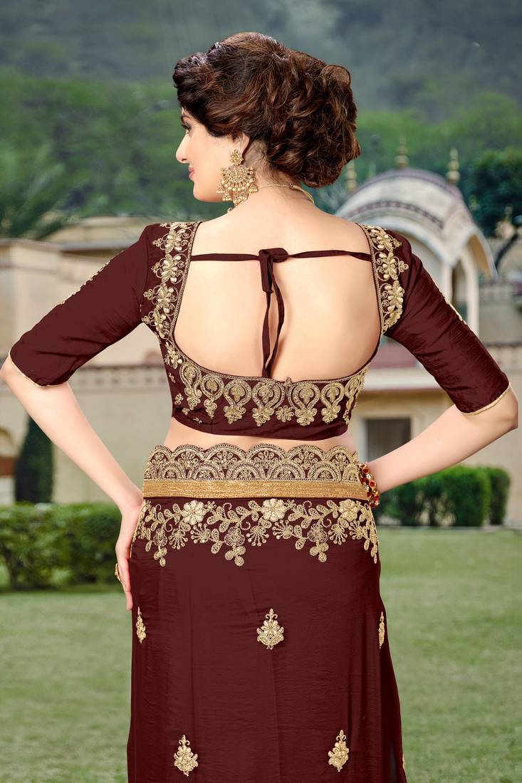 Brown Silk Heavy Embroidery Work Bollywood Saree With Blouse