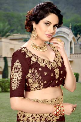 Trendmalls Brown Silk Heavy Embroidery Work Bollywood Saree With Blouse 6