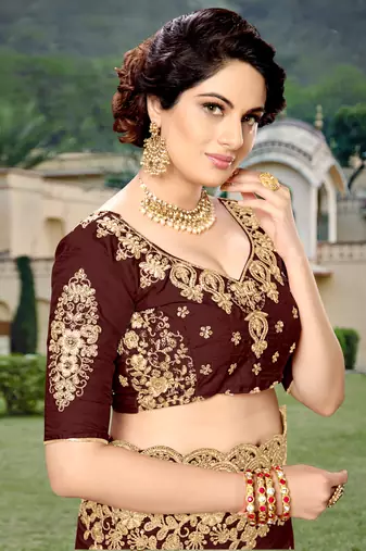 Trendmalls Brown Silk Heavy Embroidery Work Bollywood Saree With Blouse