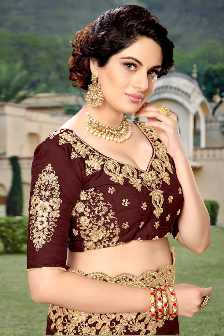 Brown Silk Heavy Embroidery Work Bollywood Saree With Blouse