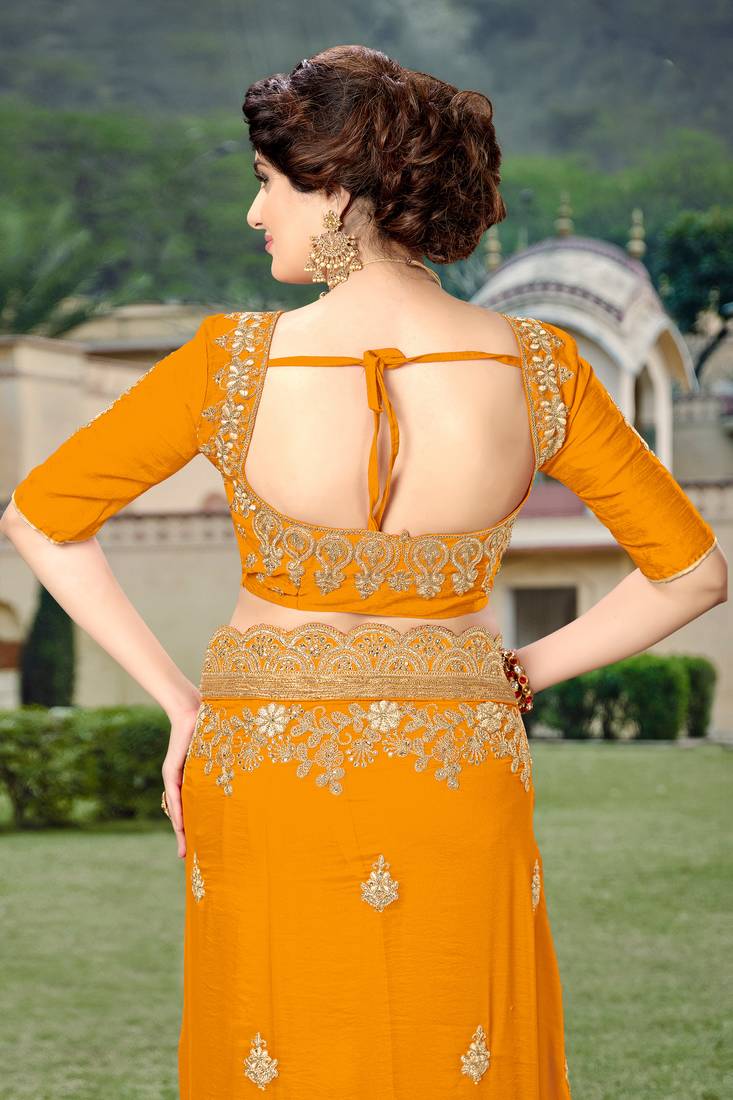 Trendmalls Orange Silk Blend Heavy Embroidery Work Saree With Blouse