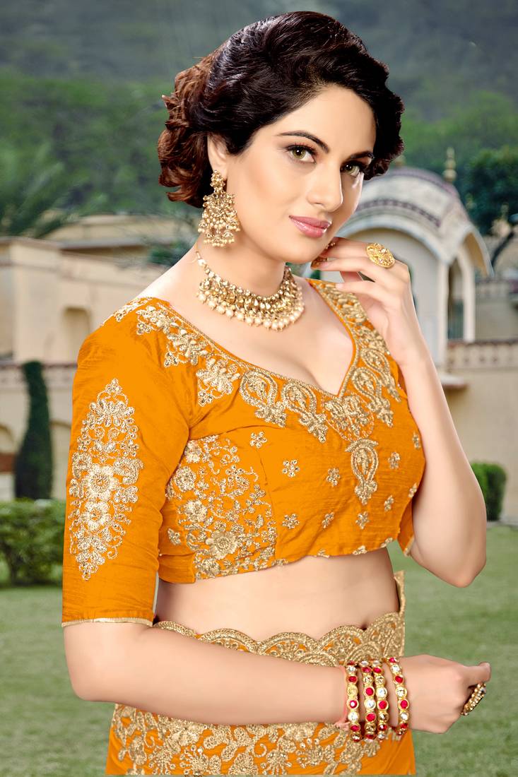Trendmalls Orange Silk Blend Heavy Embroidery Work Saree With Blouse