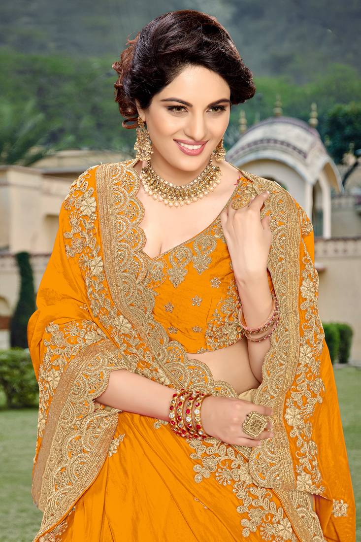 Trendmalls Orange Silk Blend Heavy Embroidery Work Saree With Blouse