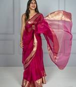 Women's Organza Rani Pink Color Saree with Zari Gold woven border for Party or festive wear