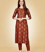 Rust Embroidery Work Rayon Stiched Kurta Pant